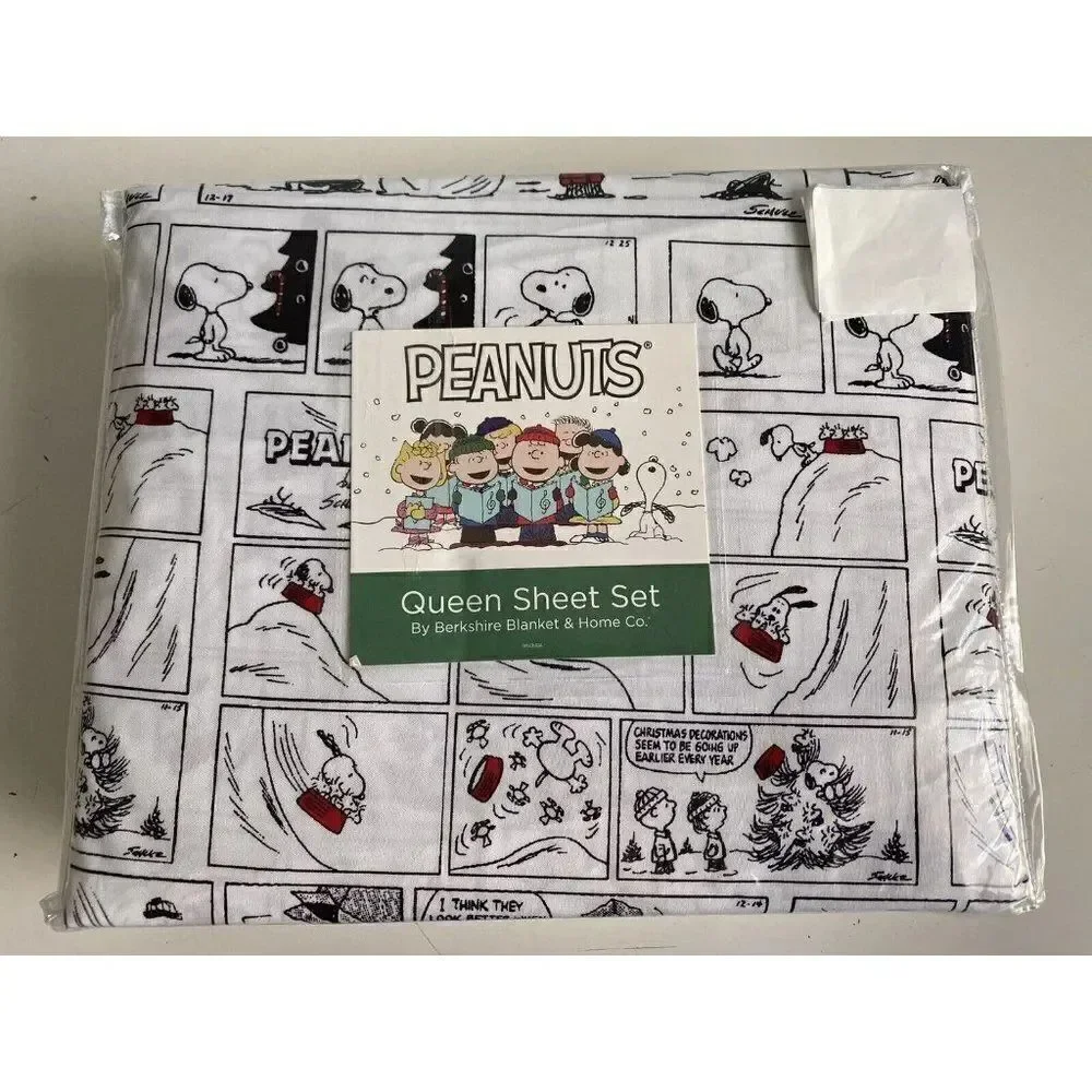 Peanuts Snoopy Holiday Christmas Comic Strip Queen Size‎ Soft Sheet Set NEW